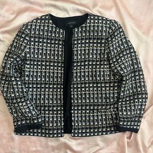 UNIQUE VINTAGE BLACK ANN TAYLOR FRINGE TWEED BLAZER